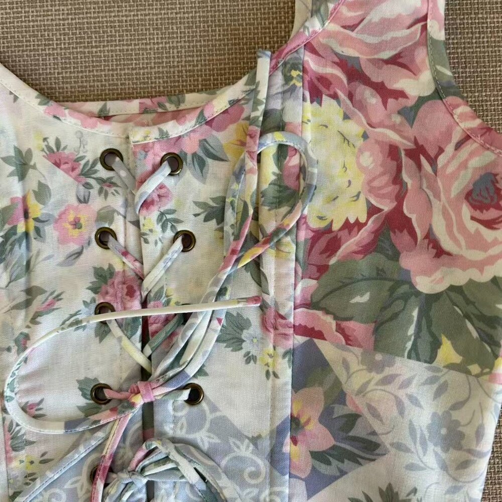 Selkie The Picnic Blanket Duchess Corset Small Lace Up Blue Pink Floral Top - Picture 6 of 9